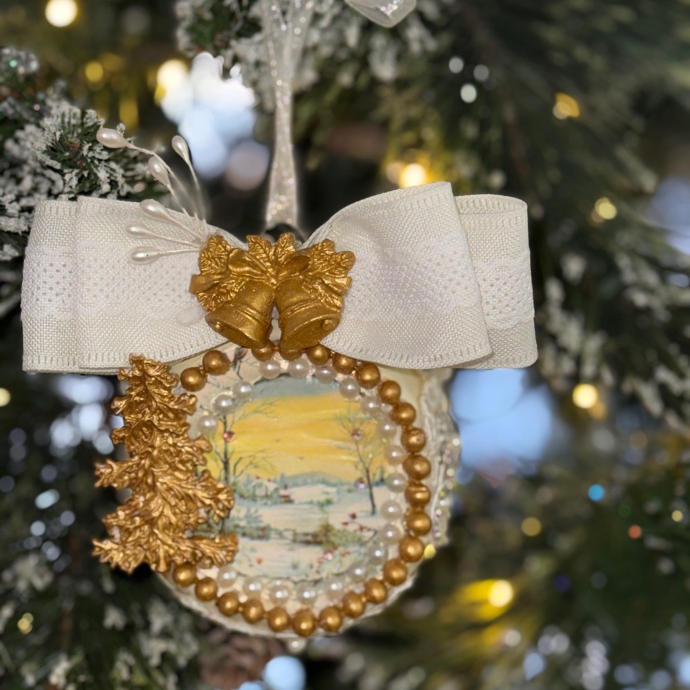 Christmas Ornament, Elegant Gold/Cream, Holiday, Winter Custom Gift, Handmade